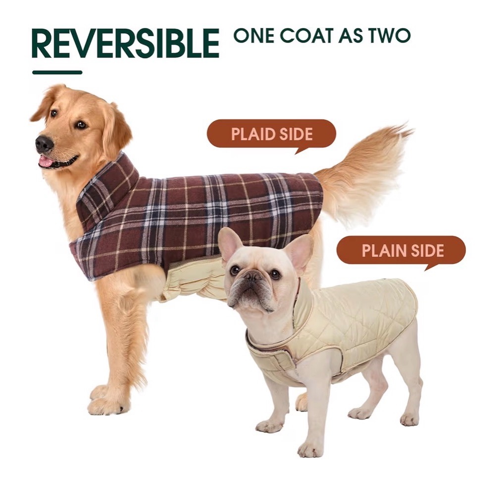 Reversible Dog Jacket - Cream Quilted and Brown Plaid